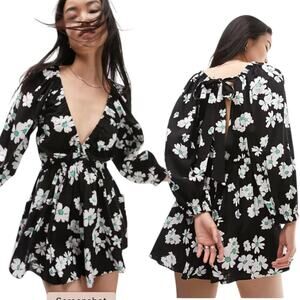 TopShop Elasticated Channel Long Sleeve Romper Black Floral Size 4 NWOT $75 MSRP